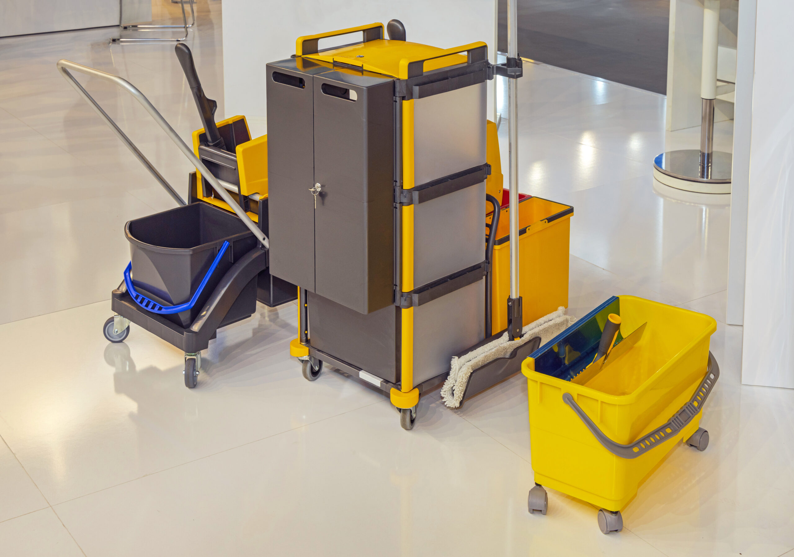 Professional Janitorial Equipment Bucket Cart Trolley and Wheeled Supply Cabinet Set