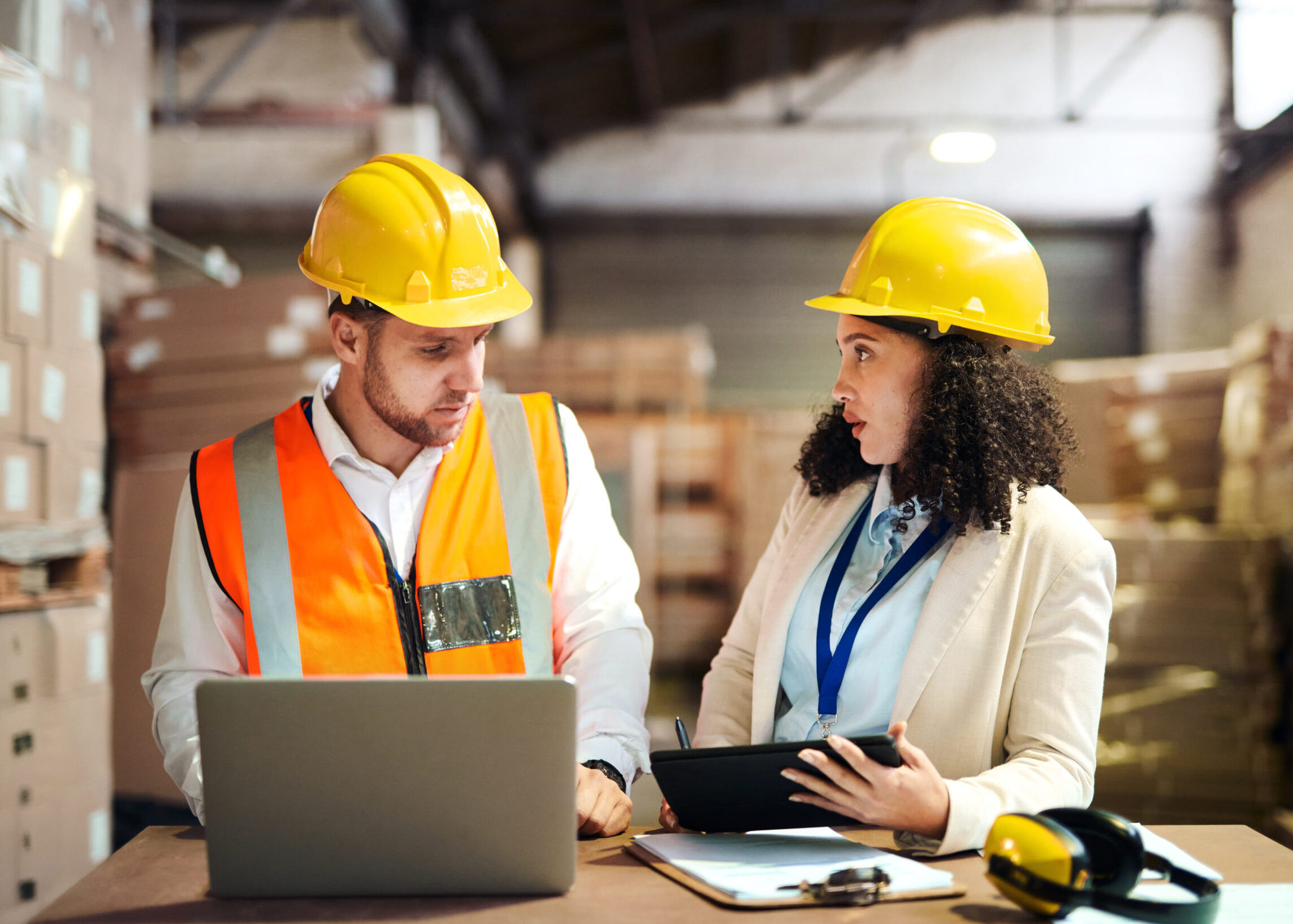 Warehouse, teamwork and people planning logistics, ecommerce strategy or b2b, supply chain and data storage. Technology, engineer and manager in factory for box inventory or stock management business